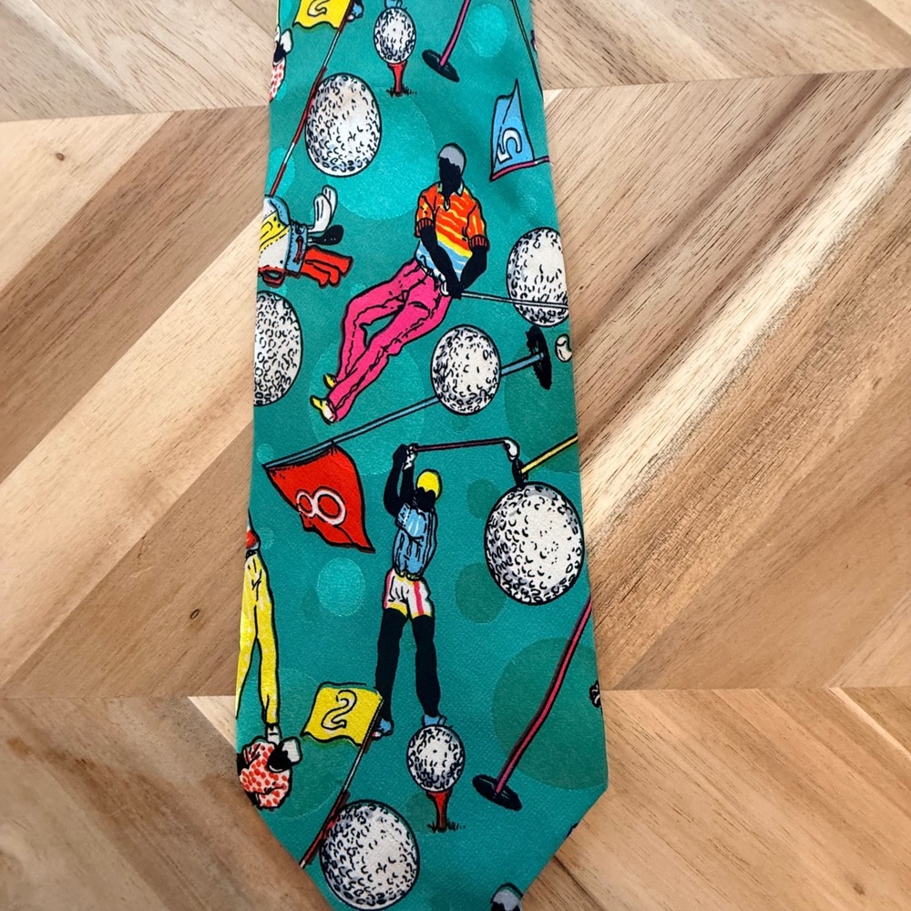 VTG Max Deco Mens Silk Necktie Teal Green Novelty Golf Print Golfer Sports Tie